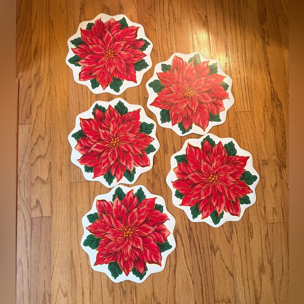 Set Of 5 Vintage Vinyl Foam Poinsettia Christmas Placemats Trim A Tree 80s 15”